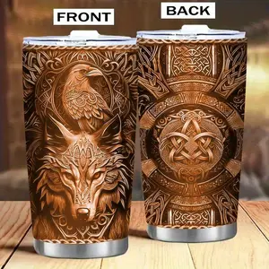 Viking Wolf & Celtic Knot 20oz Tumbler, Stainless Steel Insulated Travel Mug, Unique Norse Mythology Father's Day gift
