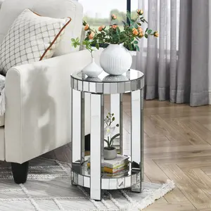 Mirrored End Table with 2-Tier, Crushed Diamond Nightstand with Round Tabletop, Silver Accent Beside Table with Storage for Living Room, Bedroom and Office