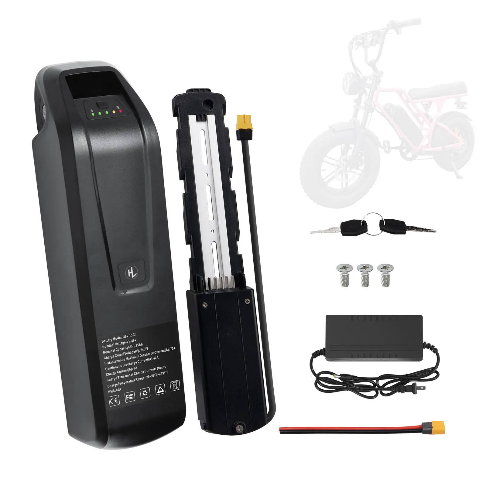 48V 15AH Lithium Ion Ebike Battery - 40A BMS, 2A Fast Charger, USB Port, Safe Lock, LED Indicator Light, for 0-1500W Motors, Adult Electric Bikes - Replaceable Rechargeable Power Unit, Ebike Accessories, Replacement Batteries, Lithium Ion Battery, Keyed S