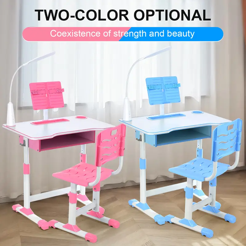 OYAJIA Modern Adjustable Plastic Kids' Study Desk and Chair Set (1 Set), Indoor Bedroom Furniture with Storage, LED Lamp, 13.8-16.1in Seat, 14.6x11.8in Surface, 25.4-27.7in Height, Desk for Bedroom (Pink/Blue), 25.4-27.7 Inches