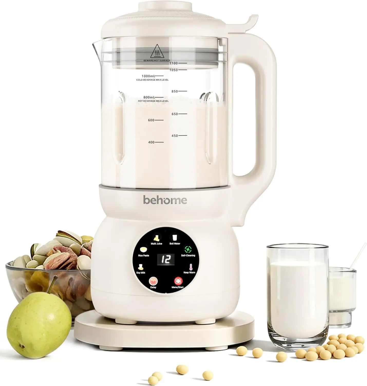 Behome 8-in-1 Nut Milk Maker with Glass Pitcher - No Soak Dry Beans/Seeds, Self-Cleaning, Compact, Boiling Water Function, Delay Start, Keep Warm, Ideal for Almond Oat Soy, Lactose Intolerance-Friendly Dairy-Free Beverage Maker