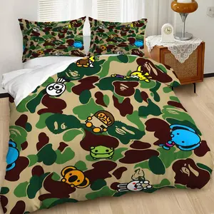 Colorful Cartoon & Camouflage Duvet Cover Set, Playful Design Bedding Set, Featuring Whimsical Characters on Military-Inspired Background, Soft Microfiber for Ultimate Comfort, Perfect for Kids' Rooms!, Includes 1 or 2 Pillowcase - No Filler