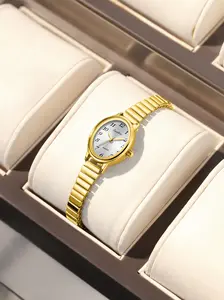 Vintage Ladies Quartz Watch, Elastic Strap, Reliable Easy Wear, Perfect Gift, Geometric Design, Oval Face, Metal Case, All Seasons