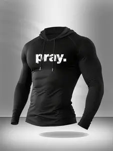 Men's Hooded Shirt, "pray." Graphic Long Sleeve Workout Hoodie, Slim Fit Thermal Undershirt, Fitness Activewear for Gym Running Training, Running Shirts