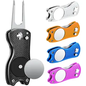 Golf Divot Tool with  Ball Marker, Multifunctional Divot Tool, Foldable Fork,Fix Divots, Clean Clubs and Cleats, U Shape Bottom can Hold Club