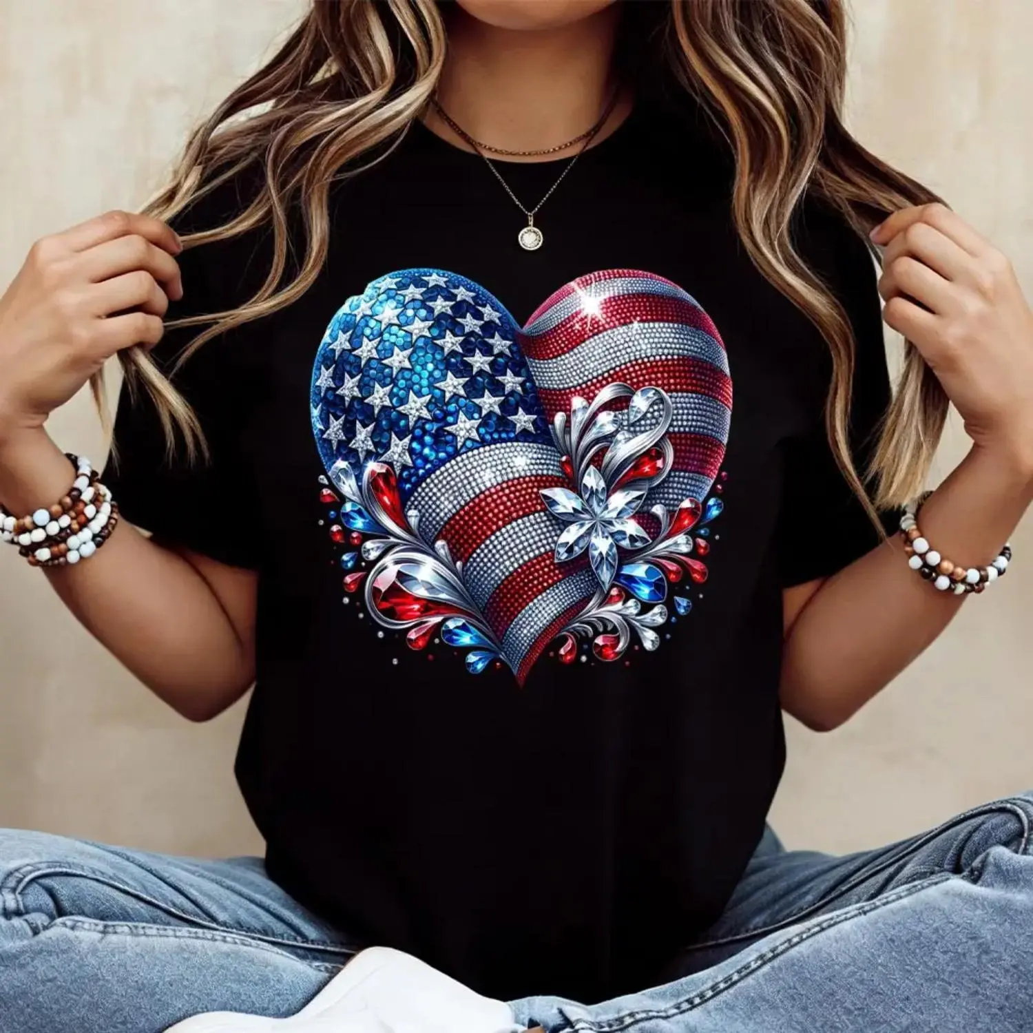 American Flag Heart Design Cotton Casual Crew Neck Short Sleeve Regular Sleeve Summer T-Shirt Machine Washable Not Dry Clean Made In USA