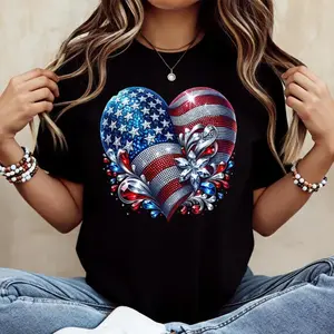 American Flag Heart Design Cotton Casual Crew Neck Short Sleeve Regular Sleeve Summer T-Shirt Machine Washable Not Dry Clean Made In USA