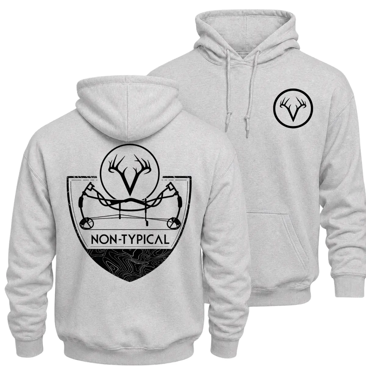 Drake Non-Typical Bow Hunting Hoodie, Compound Bow and Whitetail Antler Graphic Pullover, Front Chest Logo and Large Back Print Archery Hunter Apparel, Classic Outdoor Bowhunting Gift for Men and Women Hunters