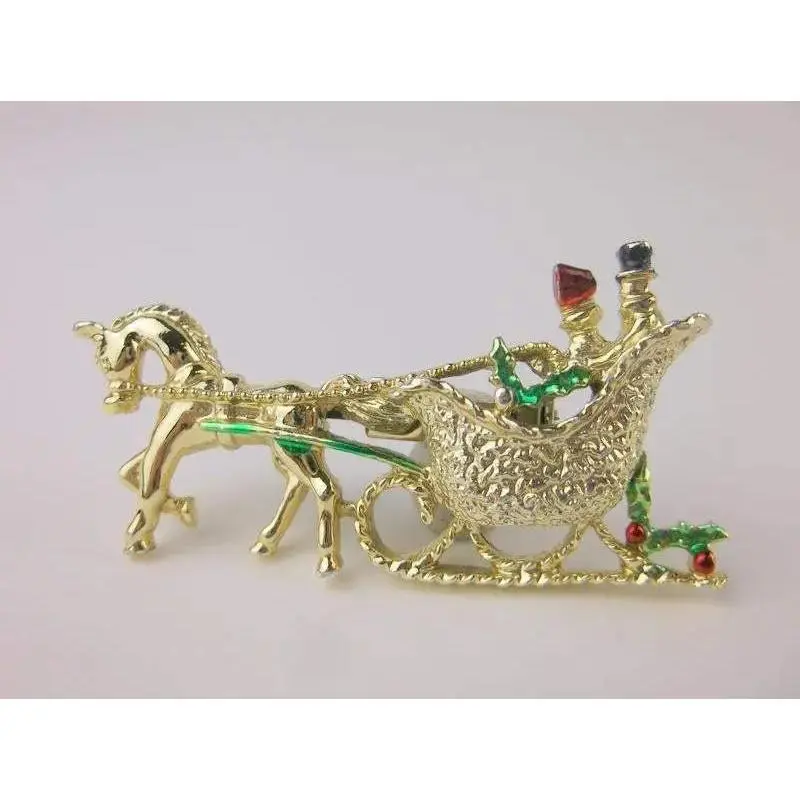 Stunning Vintage Enameled Christmas Sleigh Pin Brooch