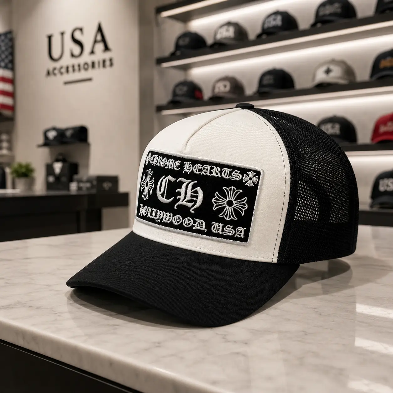 Chrome Hearts Las Vegas Trucker Hat – Black Embroidered Mesh Snapback Cap, Adjustable Unisex Gothic Streetwear Baseball Hat