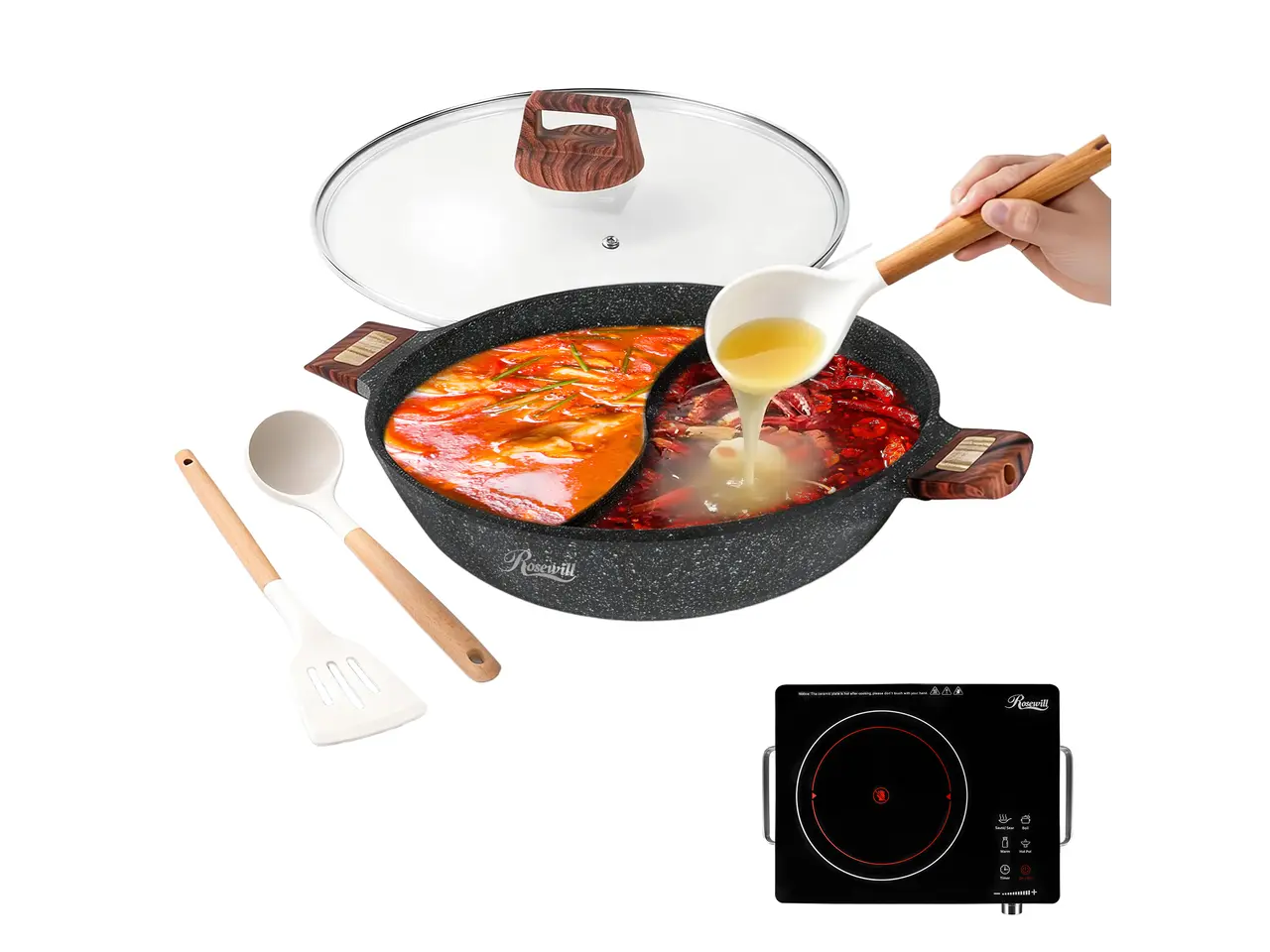 Rosewill 4.2QT Double Flavor Non-sticking Hot Pot with Divider, 11 inch Divided Stockpot for Cooking, Hot pot for Induction Cooktop and Gas Stove, Electric Burner - Gray