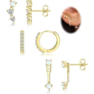 3Pairs Sterling Silver Hypoallergenic Earrings Set for Multiple Piercing Dainty Stud Huggie Small Hoop Earrings for Women Trendy Cute Earring Stacks for Sensitive Ears style new fashion faux rook independence day jewelry mix daily wear