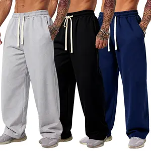 Men's New Solid Color Drawstring Casual Pants, Basic Fleece Spring and Autumn Season Sports Pants, Comfortable Straight-Leg Pants for Outdoor Sports and Commuting, Slimming High-Waist Versatile Wide-Leg Pants for Autumn and Winter, Minimalist Versatile Pr
