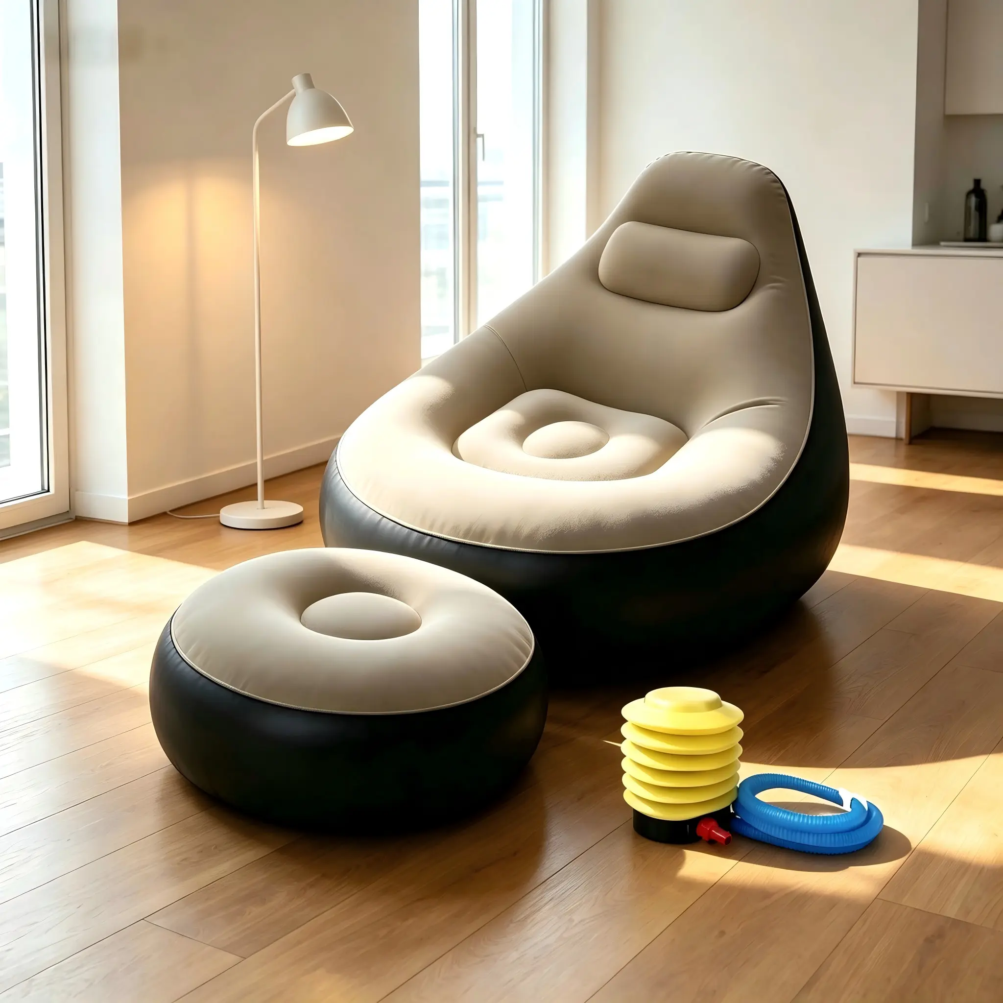 Inflatable Lazy Sofa Chair with Matching Footrest, Portable Foldable Ergonomic Air Recliner with Free Hand Pump, Skin-Friendly Single Inflatable Couch for Bedroom Indoor & Outdoor Camping