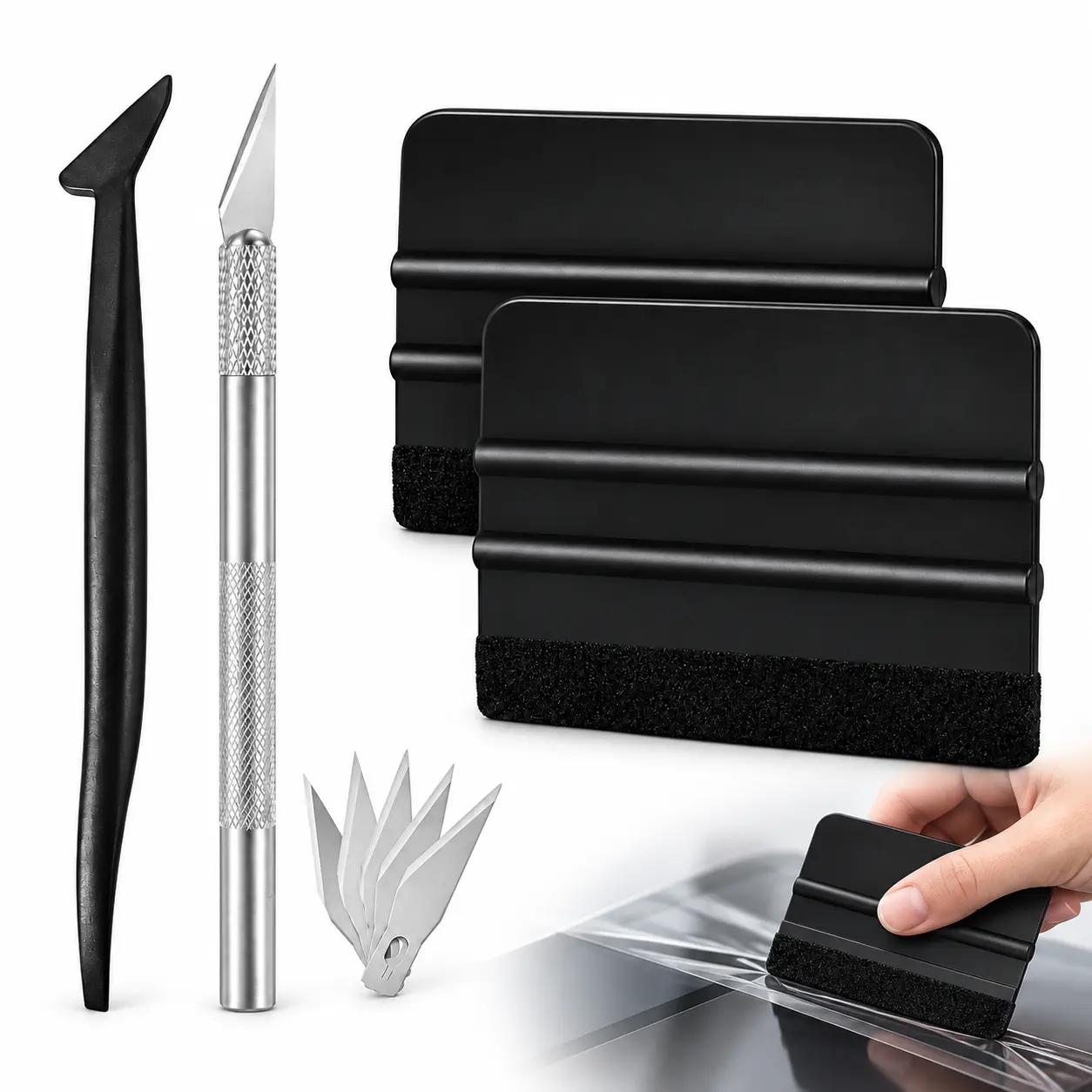 9 PCS Vinyl Wrap Tools, Window Film Application Kit, Car Tinting Kit, Vinyl Squeegee Set, Wallpaper Smoothing Tool Kit with Felt Squeegee, Craft Knife & 5pcs Blades