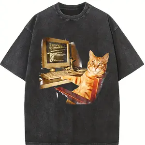 Funny Office Cat Working at Computer Heavyweight Washed T-Shirt Oversized Unisex Vintage Meme Tee DTG Print Cotton