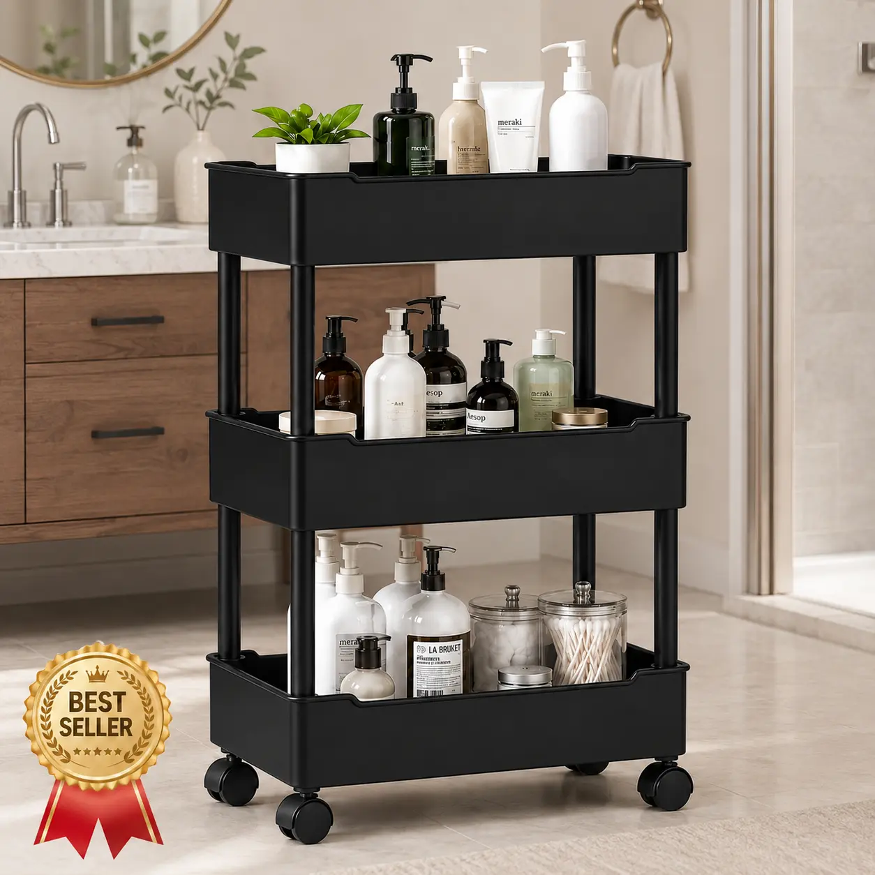 3-Tier Rolling Utility Cart with Wheels, Space-Saving Storage Organizer for Bathroom, Kitchen, Laundry Room, Bedroom, Office & Dorm, Mobile Home Storage Cart
