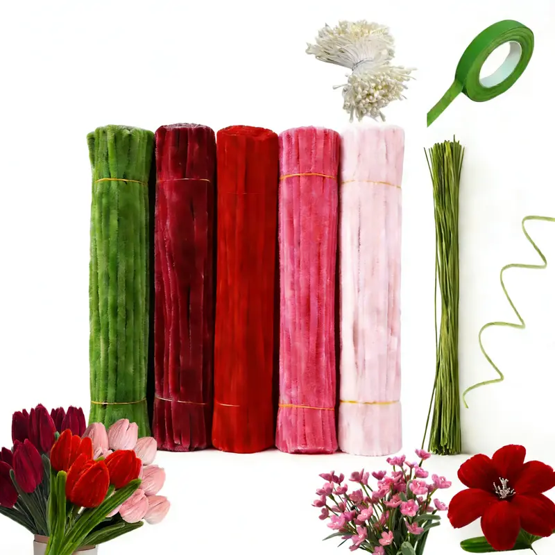 541pcs 5 Colors Thick Chenille Pipe Cleaners Accessory Kit, Colorful DIY Floral Crafts Set with 120pcs Stamens for Bouquet Decorations & Party Use, Beginner-Friendly Plush Great Gift Choice