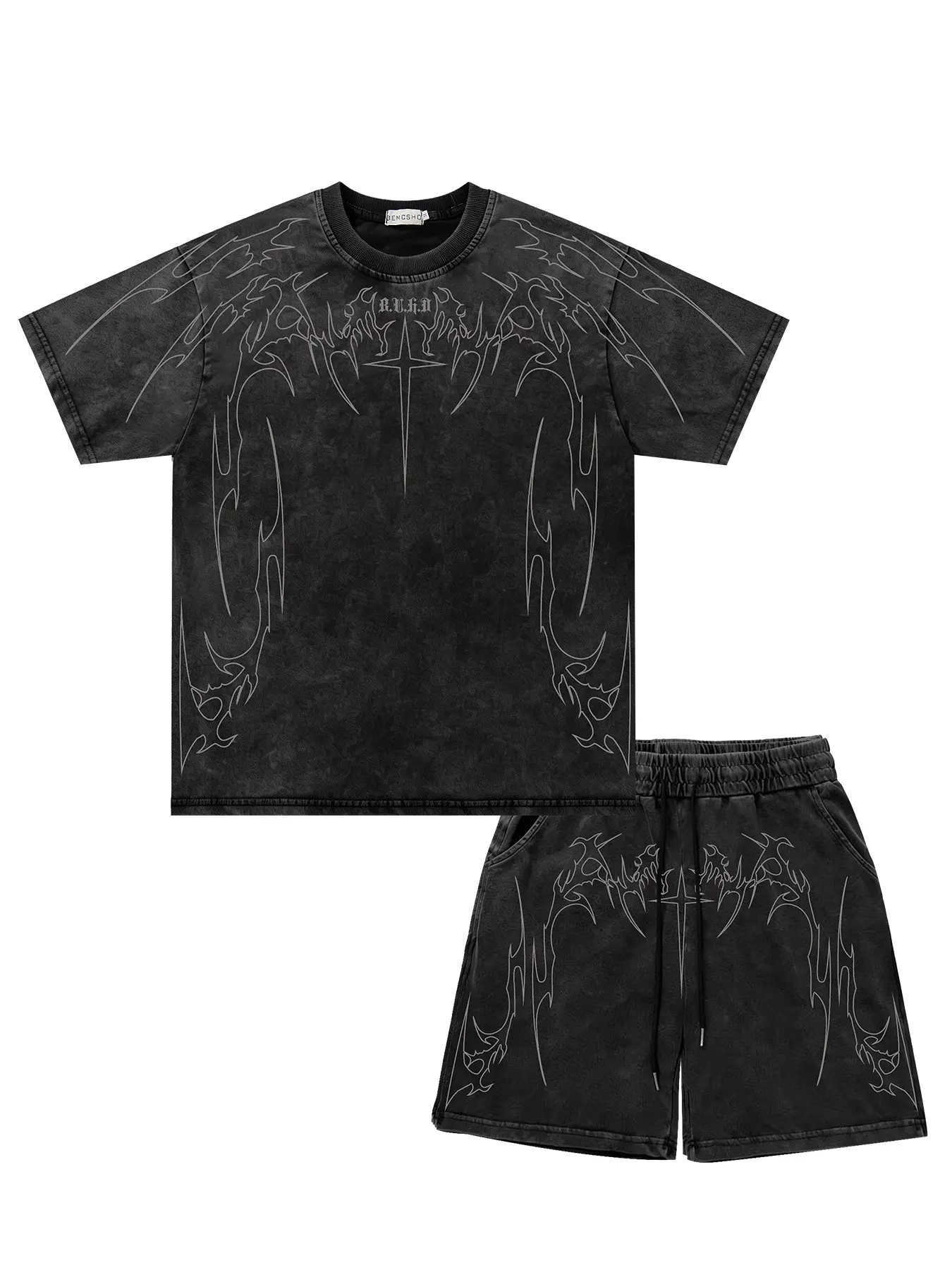 Men's Summer Fashion Set, Vintage Dark Wash Tie-Dye Graphic Thorn Cross Short Sleeve & Shorts, Casual Trendy Two-Piece