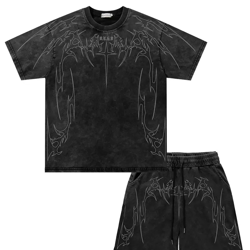 Men's Summer Fashion Set, Casual Clothing Set, Vintage Dark Wash Tie-Dye Thorn Cross Short Sleeve & Shorts, Casual Trendy Two-Piece
