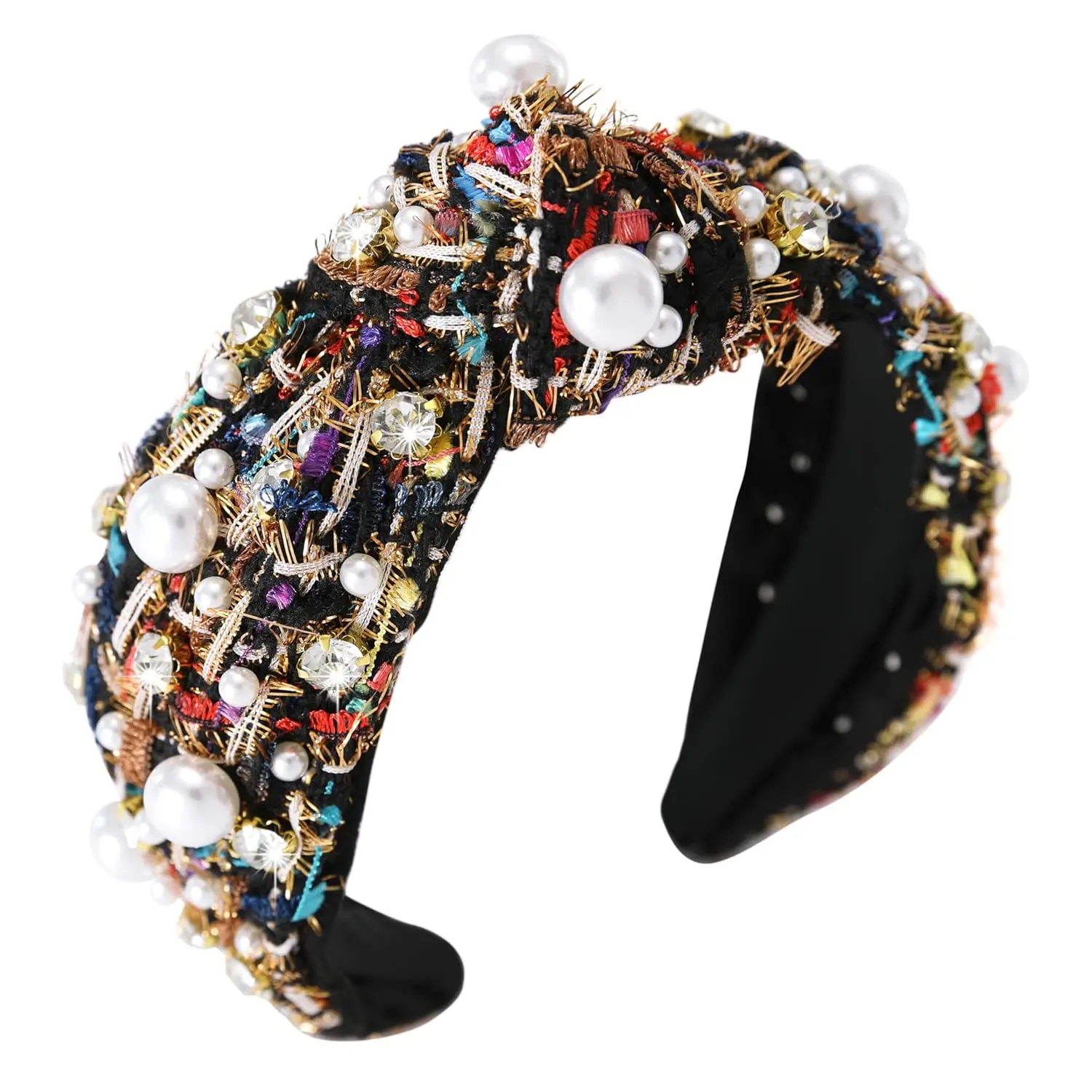 Pearl Rhinestone Tweed Headband for Women Sparkle Luxury Plaid Knotted Headband Wide Vintage Ladies Embellished Hairband Fashion Holiday Hair Accessories for Girls Ladies