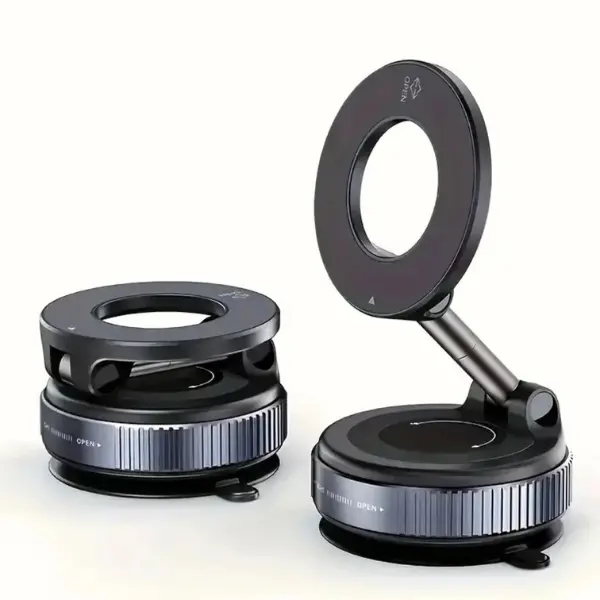 Magnetic Car Phone Holder with Vacuum Suction Cup - 360° Rotate Aluminum Alloy Magsafe Mount, Hands-Free Ride, Secure Grip, Universal Fit for iPhone & Android, No-Charge Folding Double-Sided Holder