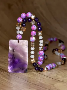 Fashion Elegant Square Amethyst Pendant Necklace Handmade Knotted Natural Stone Long Chain Special Jewelry Gift for Women Mother's Day Valentine's Day Exquisite Jewelry Gift