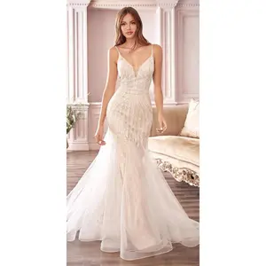 Cinderella Divine CDS401 Long Beaded Hourglass Mermaid Wedding Dress V-Neck