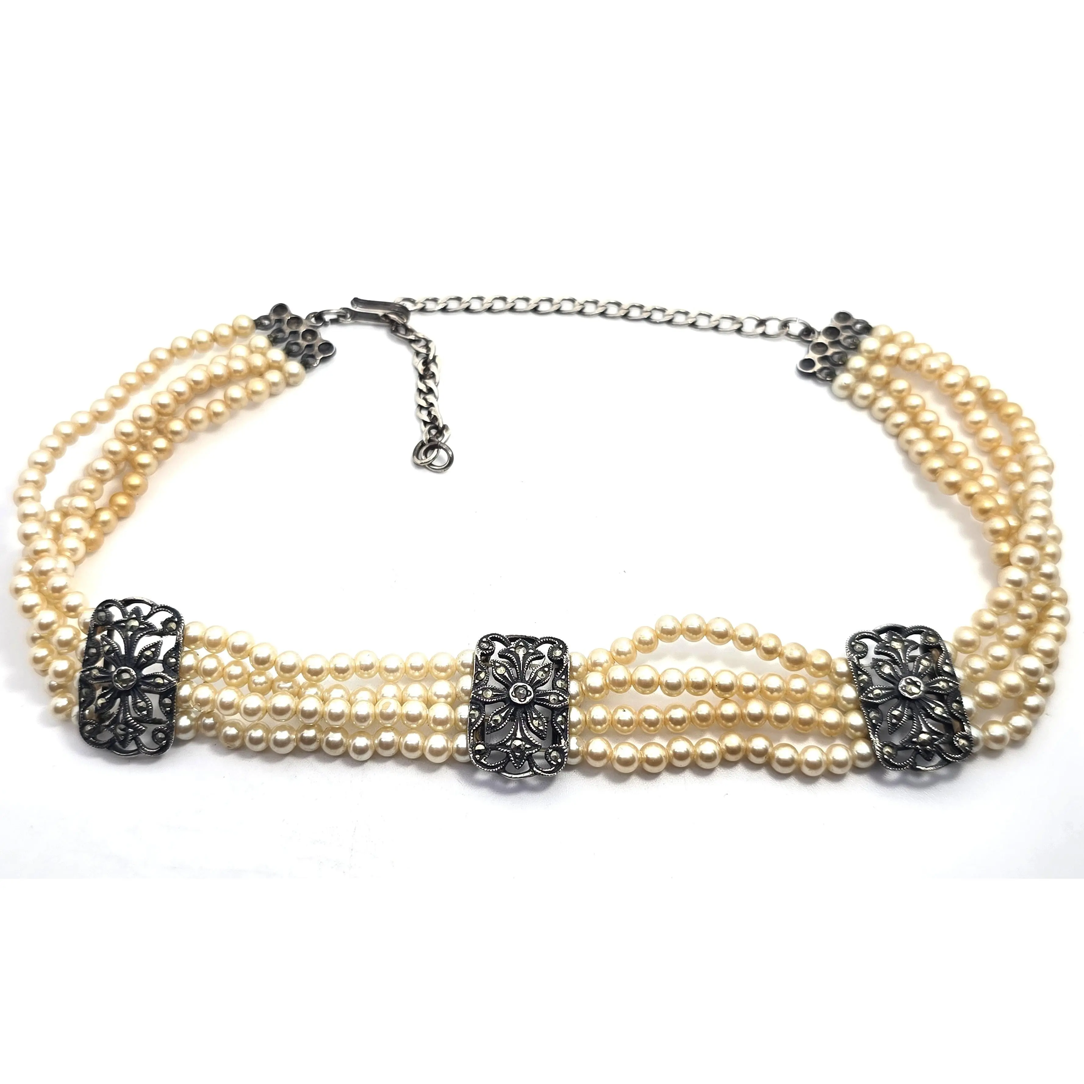 Four Strand cream pearl sterling silver marcasite panel vintage choker necklace