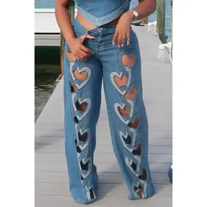 Blue Heart Cut Out Wide Leg Denim Jeans