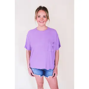 Oversized Ribbed Round Neck Short Sleeve Tee - Lavender