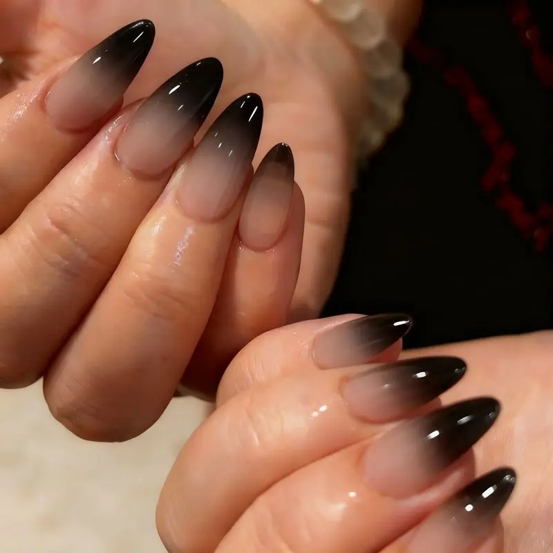 24 pieces wearable nails black gradient long almond shape fake nails Nail Tips Art