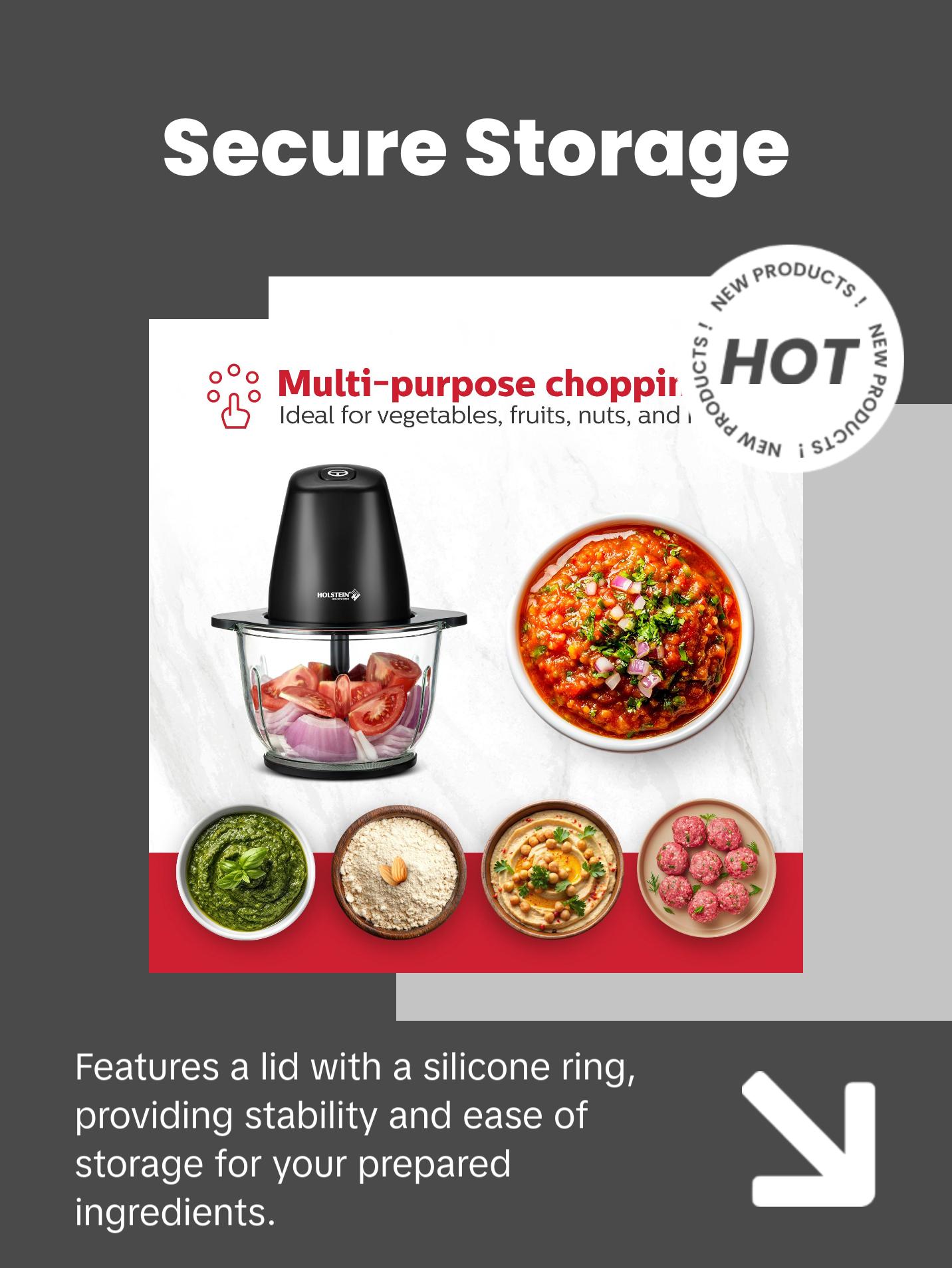 Holstein Housewares 1.9 QT Electric Food Chopper with 250W Power Stainless Steel Blades & One-Touch Speed Control for Easy Meal Prep Holstein Housewares 1.9 QT Electric Food Chopper with 250W Power Stainless Steel Blades & One-Touch Speed Control for Easy Meal Prep