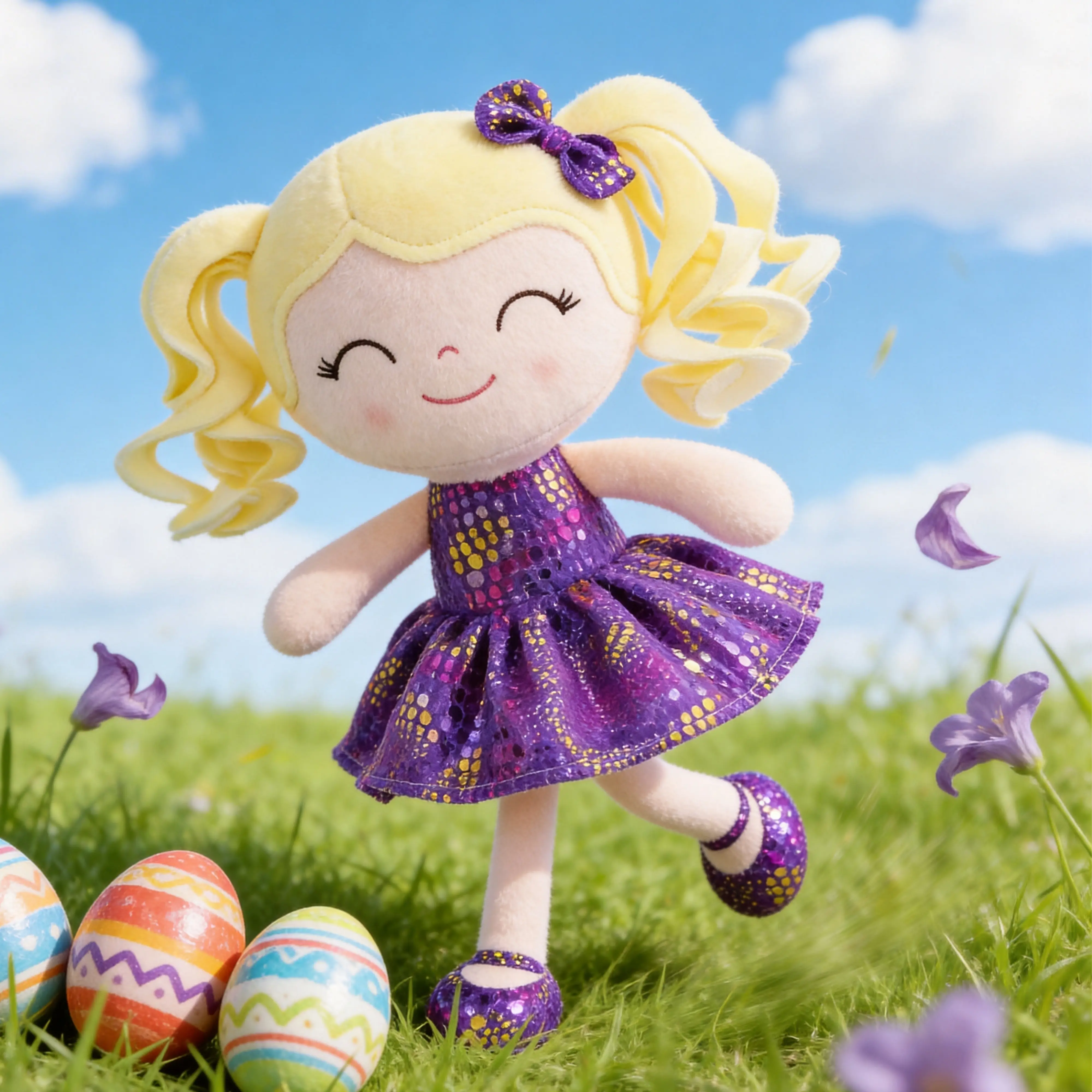 Gloveleya Baby Doll Soft Plush Toy for Girls 0-6 Years Old Spring Easter Gift Cute Cuddle Rag Doll with Purple Dress