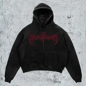 Gothic Style Slogan Hoodie Distressed Black Washed Pullover Spiky Red Lettering Graphic Sweatshirt Unisex Oversized Y2K Grunge Style Heavyweight Fabric Dropped Shoulders