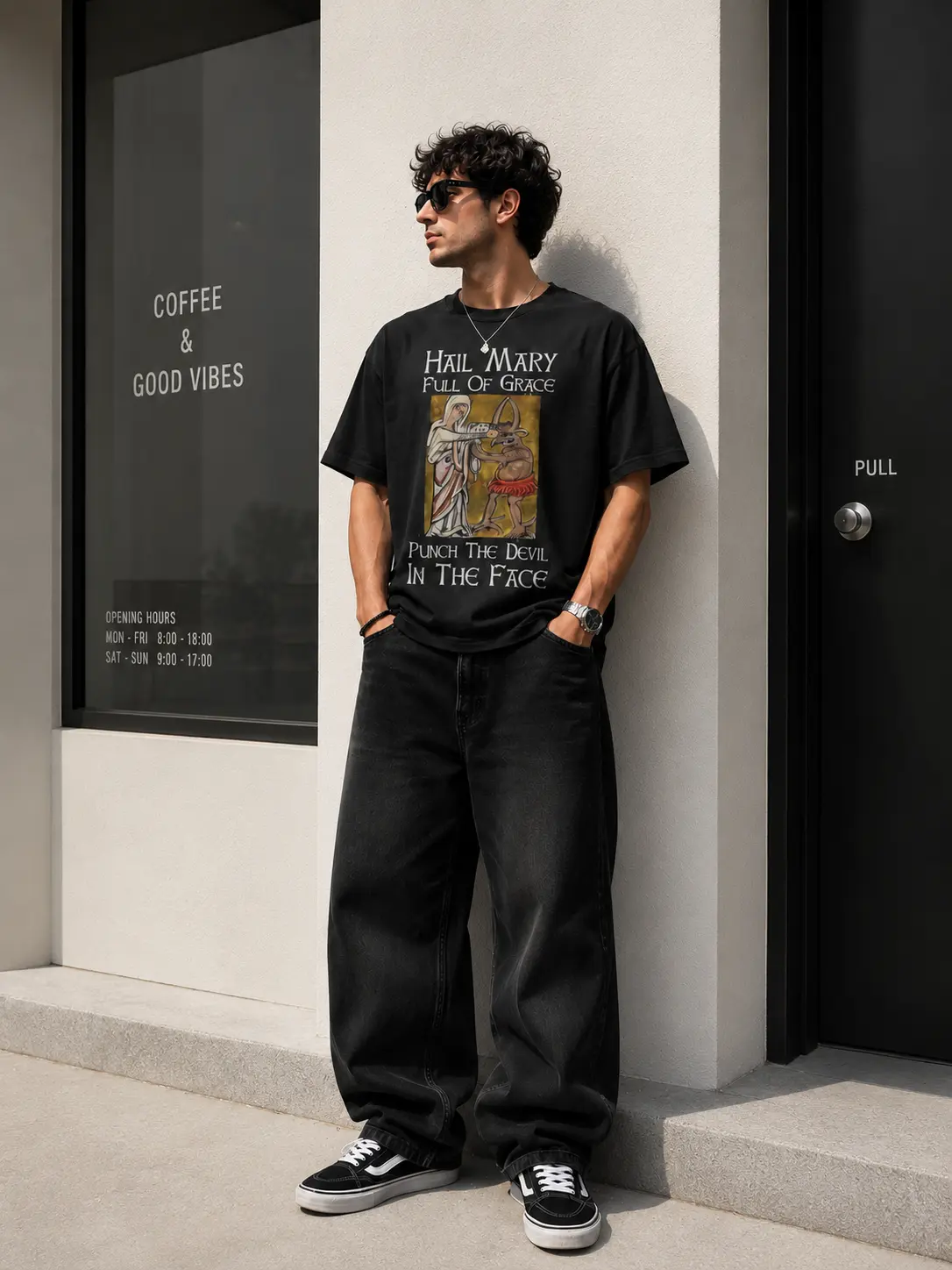 Black Medieval Manuscript-Style T-Shirt: Featuring the Virgin Mary Smiting a Demon; Fun Catholic Faith Theme; Unisex Casual Top with Dark Religious Humor; An Ideal Gift.