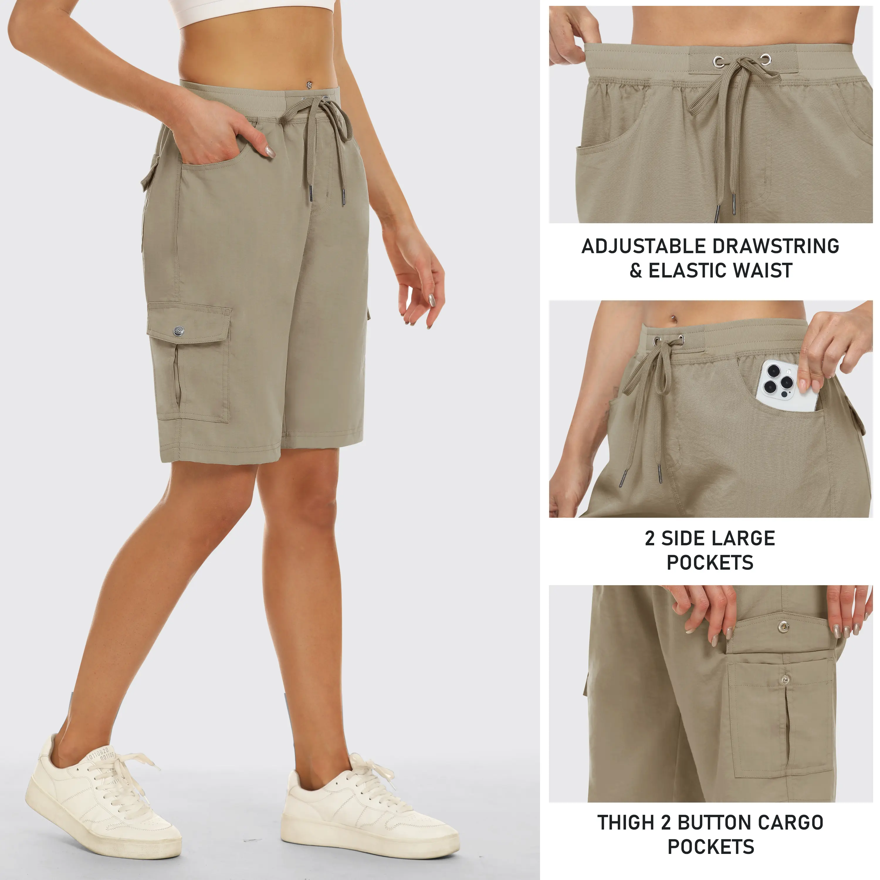 Women's lightweight quick drying outdoor shorts with multifunctional pockets and elastic waistband, suitable for hiking and camping