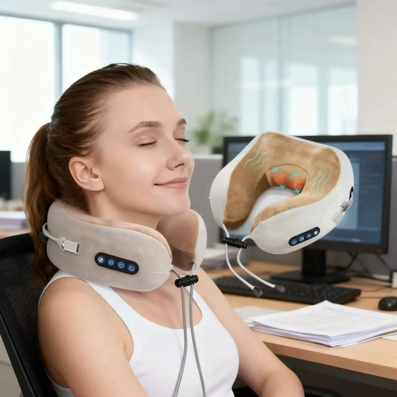 Wireless U-Shaped 3D Deep Tissue Kneading Shiatsu Massage Pillow, Neck Back Legs Body Pain Relief, Home Office Use, Mother's Day Gifts