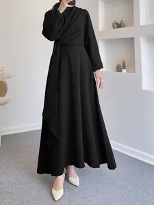 Women's Loose Plain Modest Style Dress, Modest Solid Color, Round Neck Long Sleeve Cross Tie A-Line Design, Casual Daily Wear for All Seasons Long Sleeve Dresses