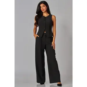 Pinstripe Tailored Vest & Wide-Leg Suit Pant Set