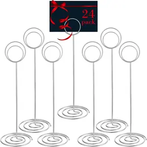 24 Pack 8.86 Inch Table Number Holder Wire Photo Holder Picture Name Menu Clips Memo Note Cards Stand for Wedding Reception Anniversary Birthday Centerpieces(Silver)