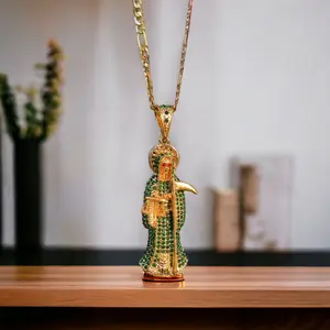 Santa Cruz XL Santa Muerte Pendant with Red Eyes, Micro Paved Stones, and Yellow Gold Finish Jewelry Jewelery