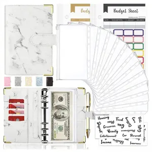 A6 Budget Binder with Cash Envelopes for Budgeting, Marble Money Saving Organizer Binder, 24PCS Cash Stuffing Binder with Zipper Pouches, Expense Tracker Wallet for Women and Families