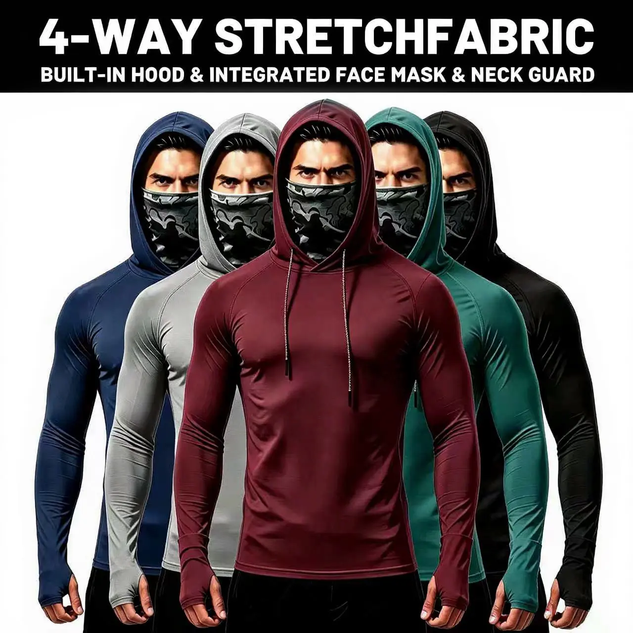 5-Piece Set Men’s Polyester Compression Sun Protection Hooded Shirts, Breathable Long Sleeve Outdoor Work Tops with Built-in Face Mask & Neck Guard