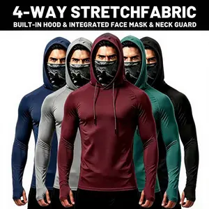5-Piece Set Men’s Polyester Compression Sun Protection Hooded Shirts, Breathable Long Sleeve Outdoor Work Tops with Built-in Face Mask & Neck Guard
