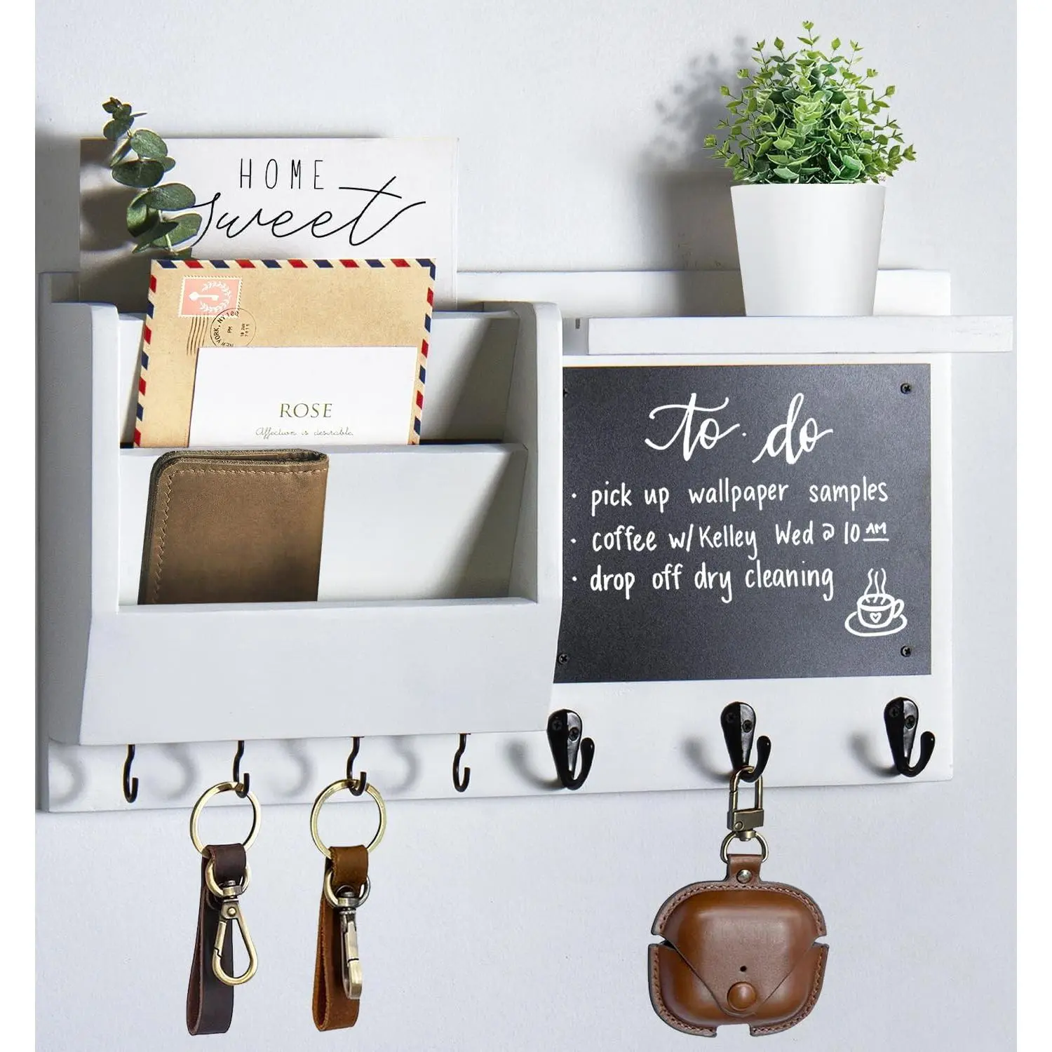 Wood Wall Mount Key and Mail Holder Organizer with Chalkboard, Storage Shelf, Decorative Entryway Hooks for Letters, Dog Leashes, Small Items