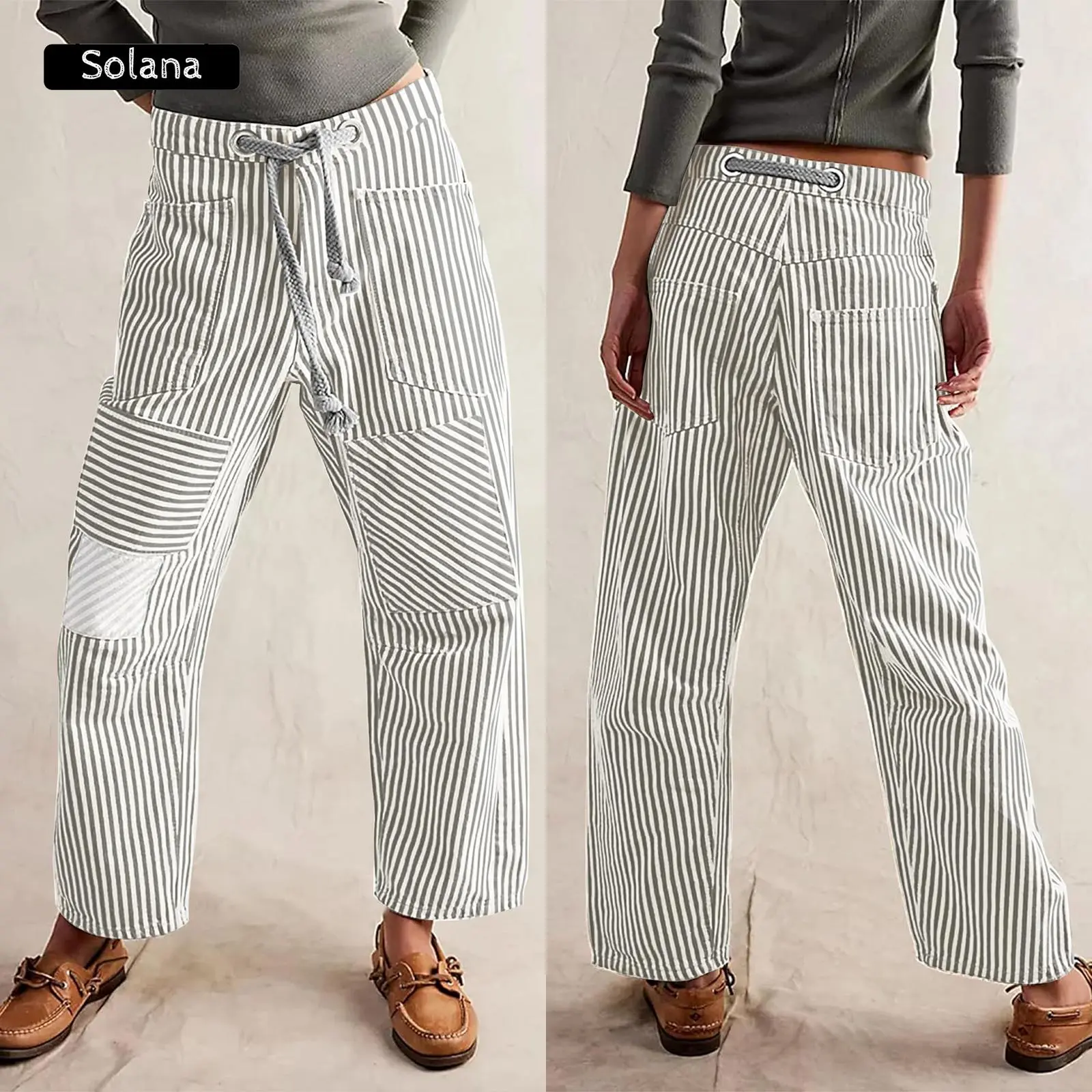 Women Striped Pants, Elastic Waist Drawstring Patchwork Wide Leg Pants Loose Trousers With Pockets