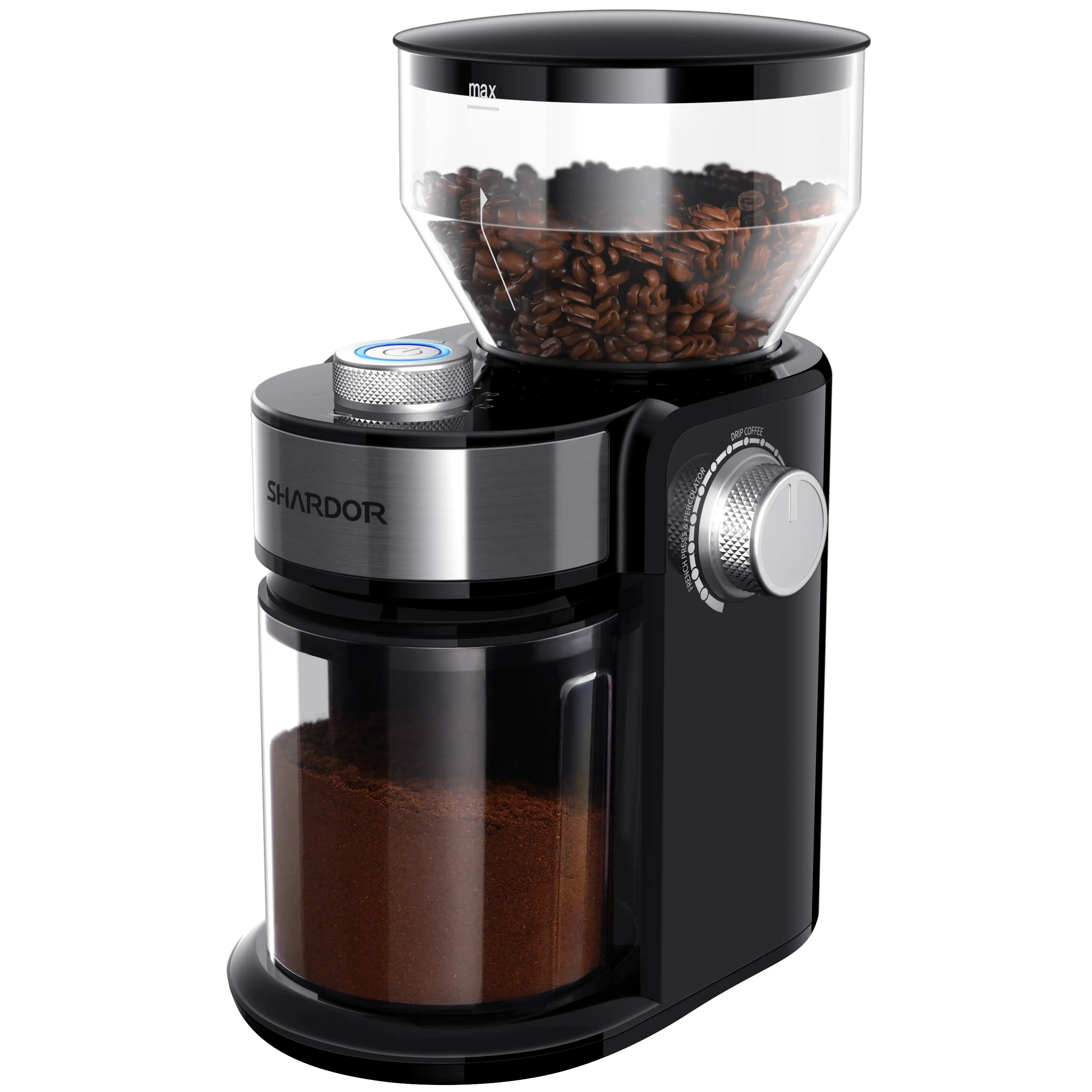 SHARDOR CG835 Adjustable Burrs Electric Coffee Grinder, 16 Precise Grinder Settings for 2-14 Cups, Black. Metallic Grinding Flat