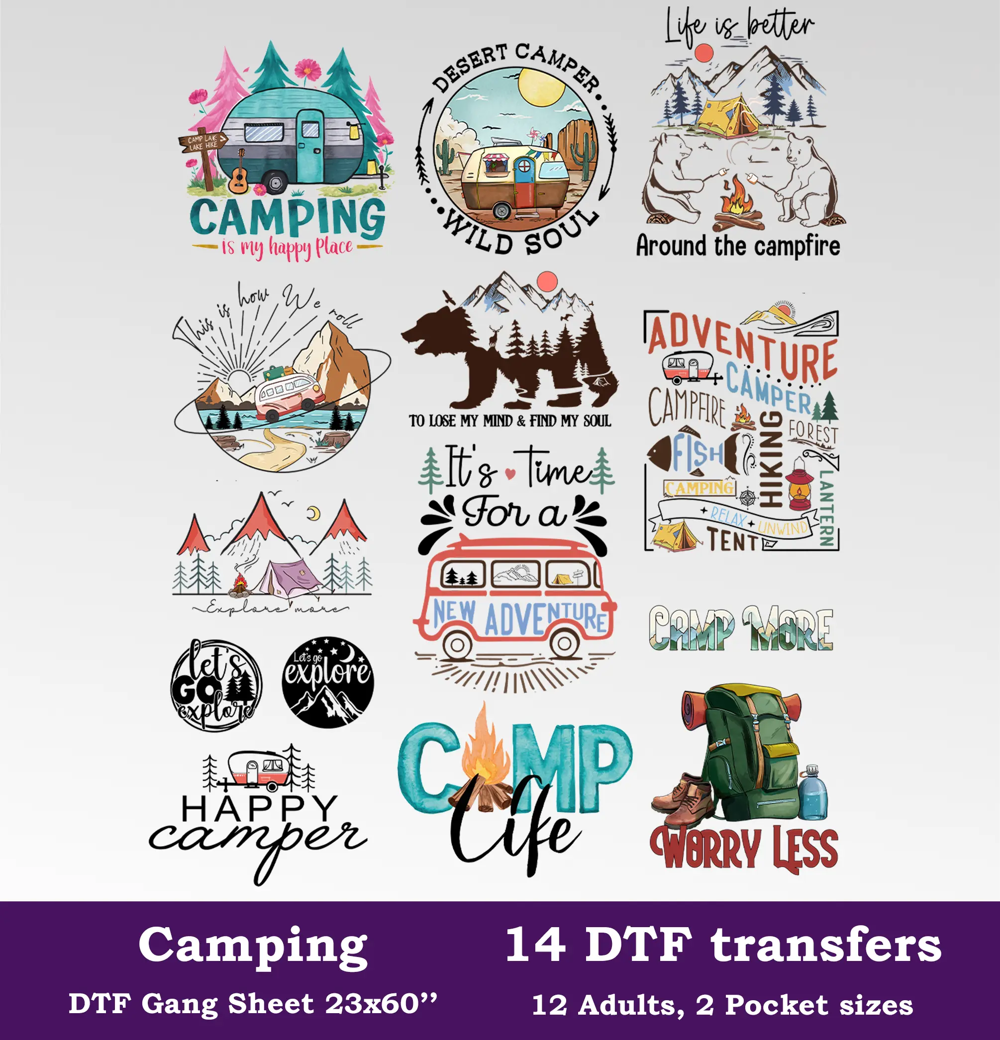 Camping DTF Gang Sheet, 23x60 in. Ready to Press Heat transfers