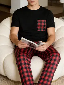 Men's Spring & Fall Home Wear Loungewear Sleepwear Set, Round Neck Casual Comfortable Long Sleeve Pants, Plaid Design, Fitted Style